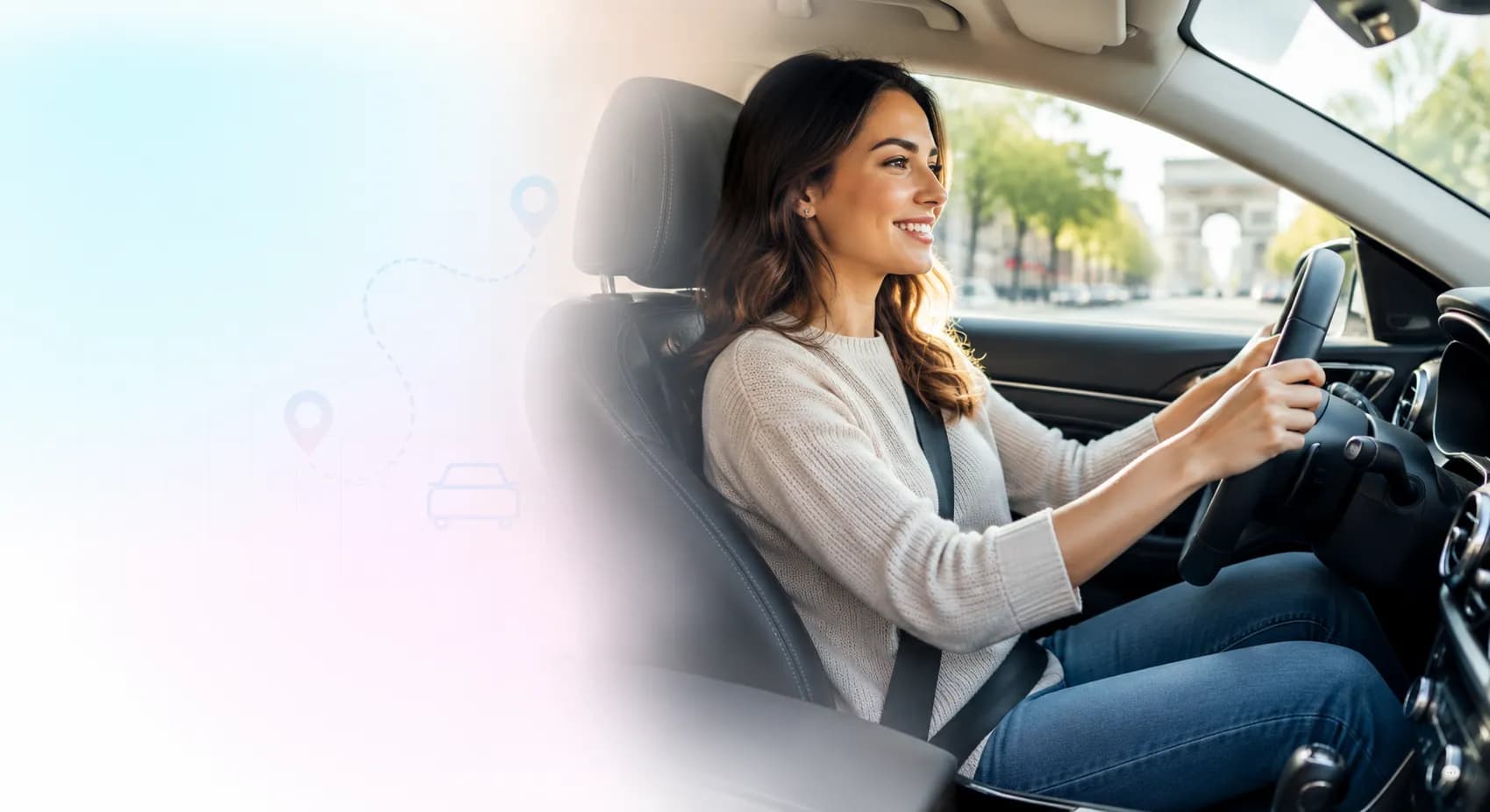 Élève souriante au volant pendant un cours de conduite à Paris
